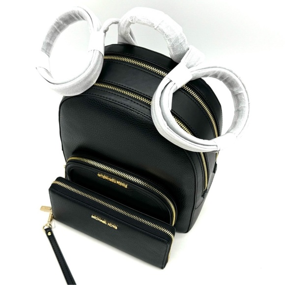 Michael Kors Medium Jaycee Backpack & Large Continental Wallet Black/Gold - Picture 11 of 14